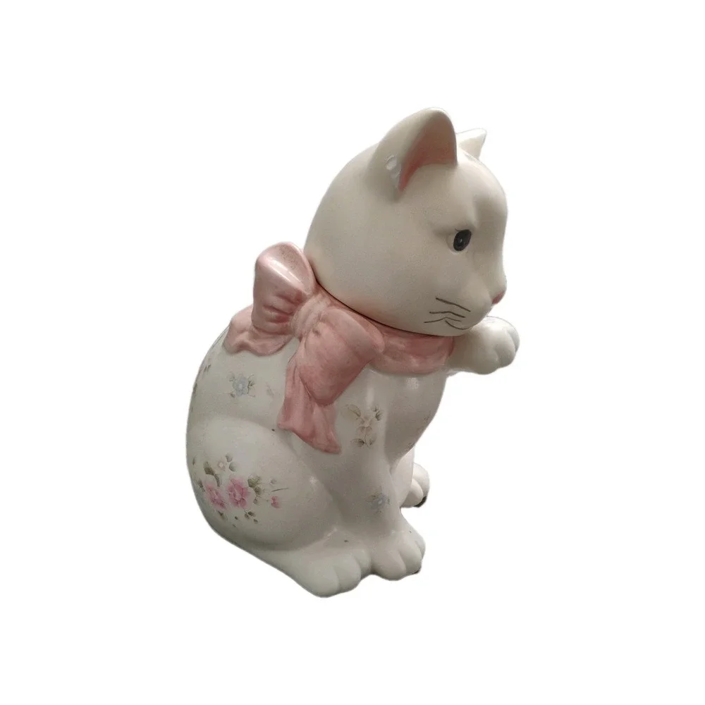 VTG 80s Pfaltzgraff Ceramic Cat Cookie Jar Floral/Bow/Butterfly- some chipping